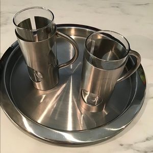 New Stainless steel serving tray, two glass mugs